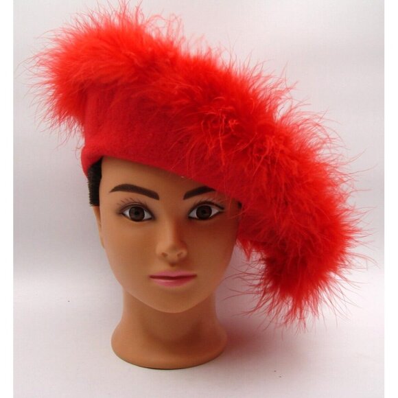 Preston & York Vintage Scarlet Red Wool Beret Feather Trim Flat Design Sz 20.5"